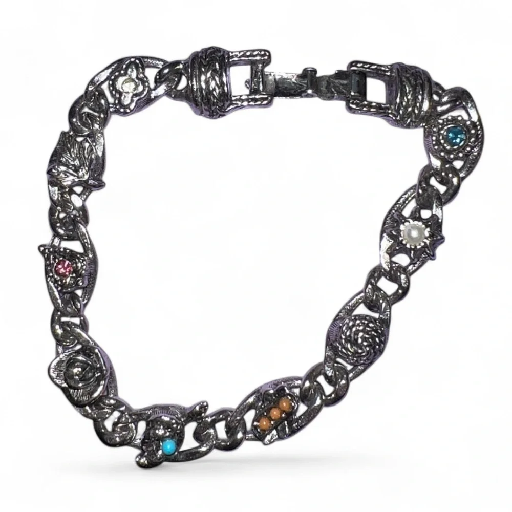 Vintage Signed Goldette Silver Tone Colorful Multi-Stone Charm Link Bracelet - Picture 9 of 11